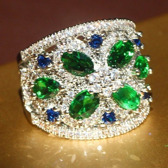 NEW Silver Emerald Sapphire Diamond Wide Band Ring - Picture 7 of 7